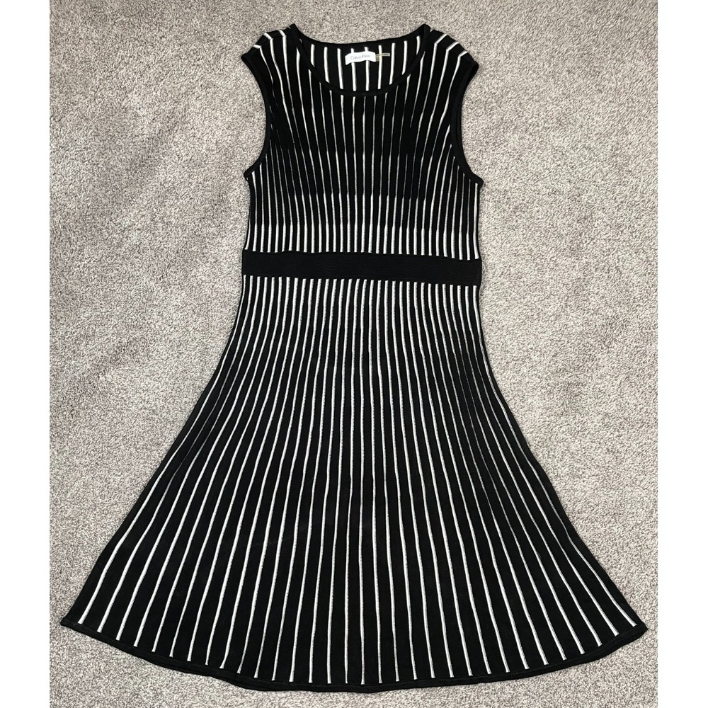 Calvin Klein Dress Womens Medium Black Pleated Striped Stretch Dark Academia